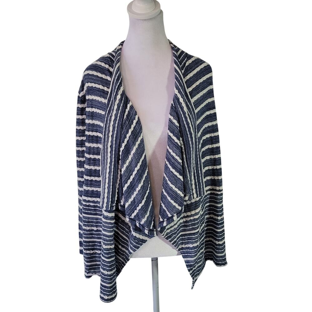 Chico's Size 0 Cardigan Women Blue White Textured Stripe Waterfall Drape Sweater